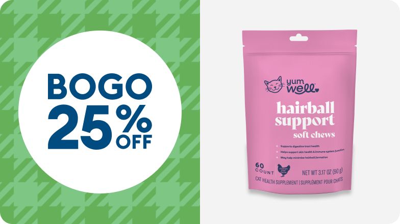 YumWell hairball support chews & BOGO 25% OFF callout