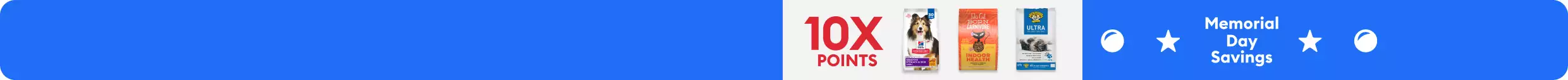 Memorial Day Savings message, 10X points callout, bag of dog food, bag of cat food & cat litter