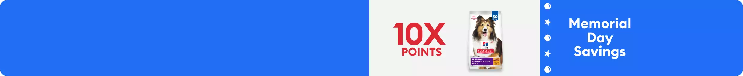Memorial Day Savings message, 10X points and in store only callouts, a bag of dog food