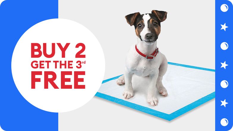 Buy 2, get the 3rd free callout & a dog sitting on a disposable dog pad