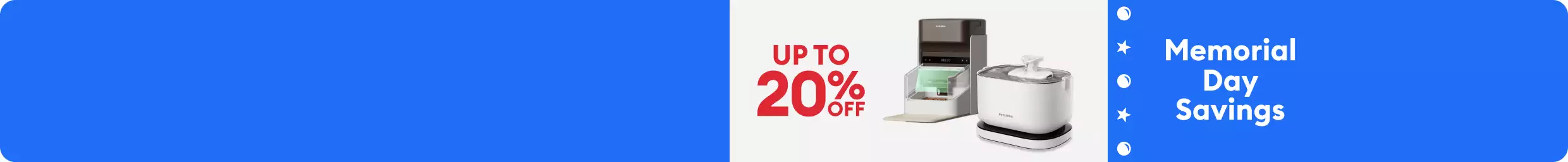 Memorial Day Savings message, up to 20% off callout & PETLIBRO products