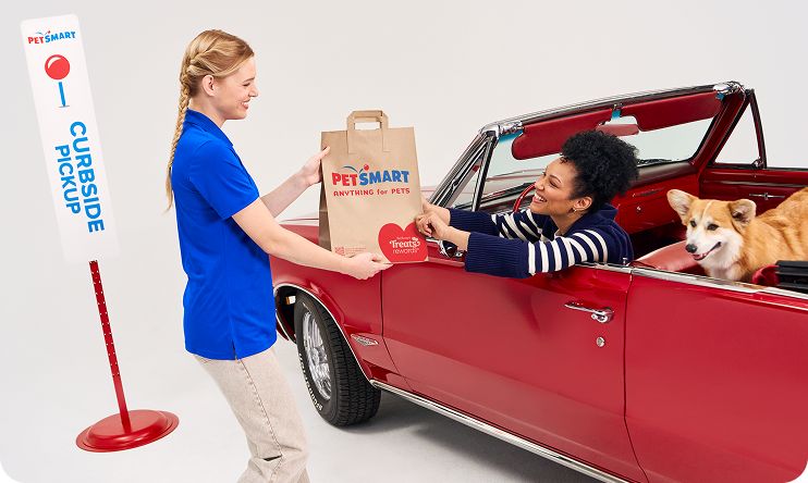 A woman handing a driver in a red car a PetSmart bag