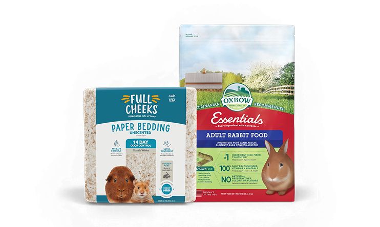 Earn 7,500 points callout, a bag of Full Cheeks paper bedding, and a bag of Oxbow rabbit food