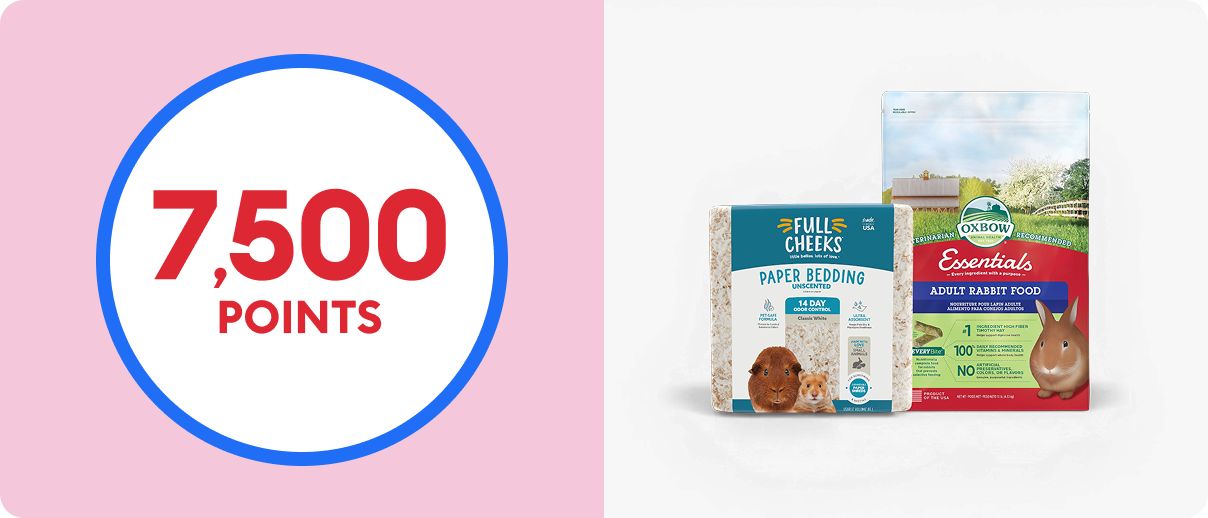 Earn 7,500 points callout, a bag of Full Cheeks paper bedding, and a bag of Oxbow rabbit food