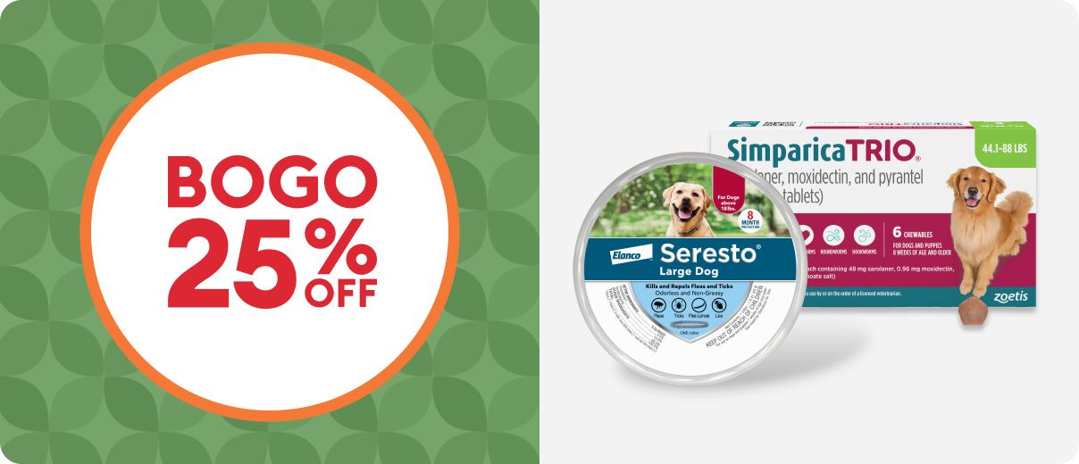 BOGO 25% OFF with Seresto & Simparica flea & tick products