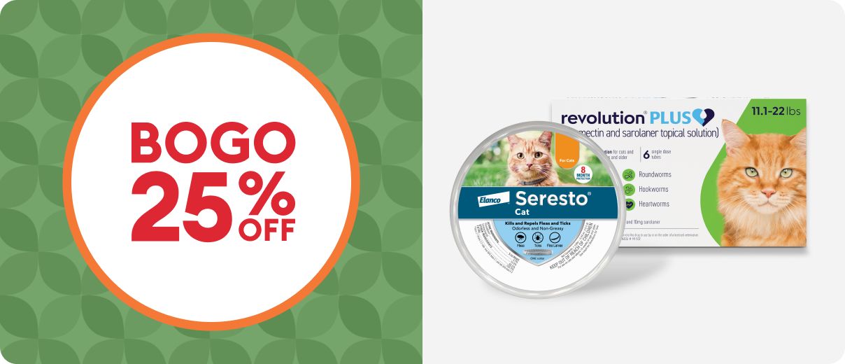 BOGO 25% OFF with Seresto & Revolution Plus cat flea & tick products