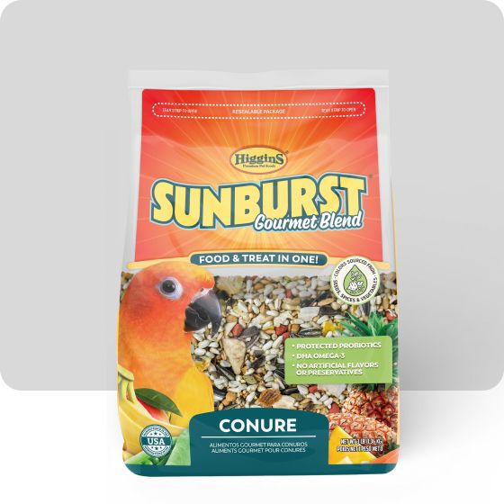 A bag of Higgins conure bird food