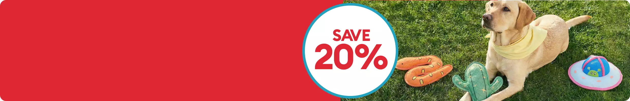 SAVE 20% OFF with golden retriever & plush toys outside