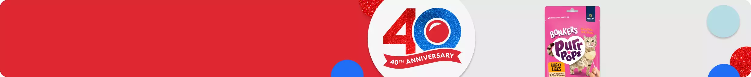 40th Anniversary graphic & a package of Bonkers Purr Pops cat treats
