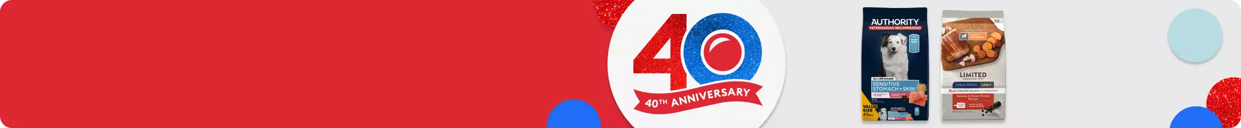 40th Anniversary graphic and two bags of dog food