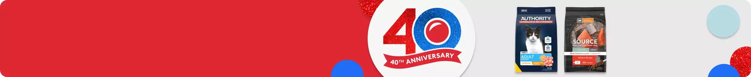 40th Anniversary graphic and two bags of cat food