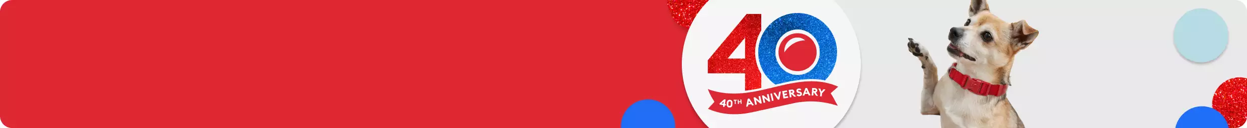 40th anniversary graphic and a dog wearing a red collar with their right paw up