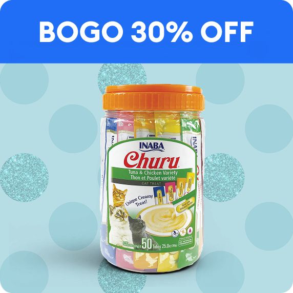 BOGO 30% OFF callout & a package of Inaba Churu treats