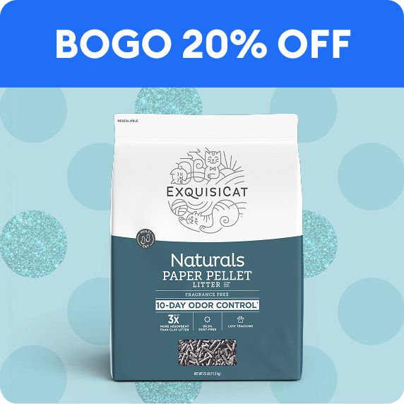 BOGO 20% OFF callout & a package of ExquisiCat litter