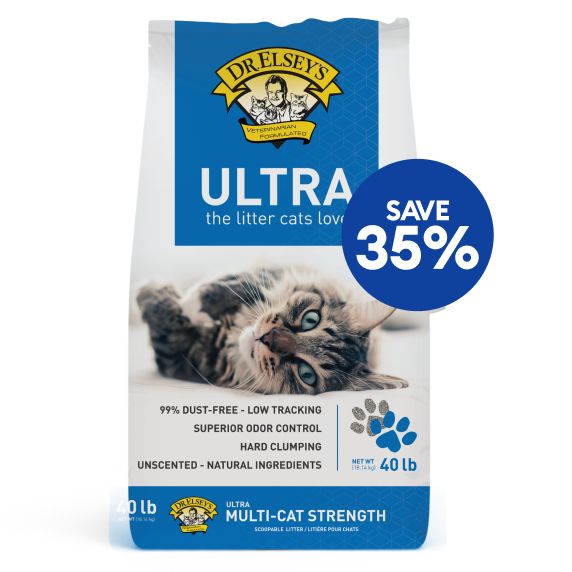 Save 35% callout & a package of Dr. Elsey's cat litter