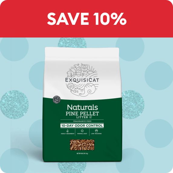 Save 10% callout & a package of ExquisiCat litter