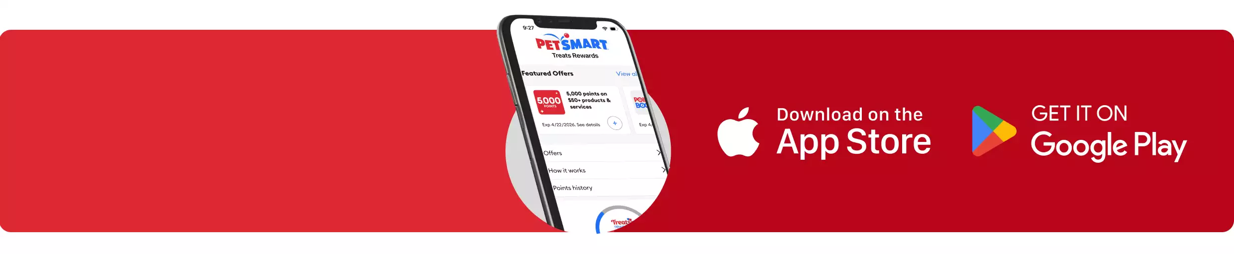 Smartphone displaying the PetSmart app and Apple App Store & Google Play download buttons