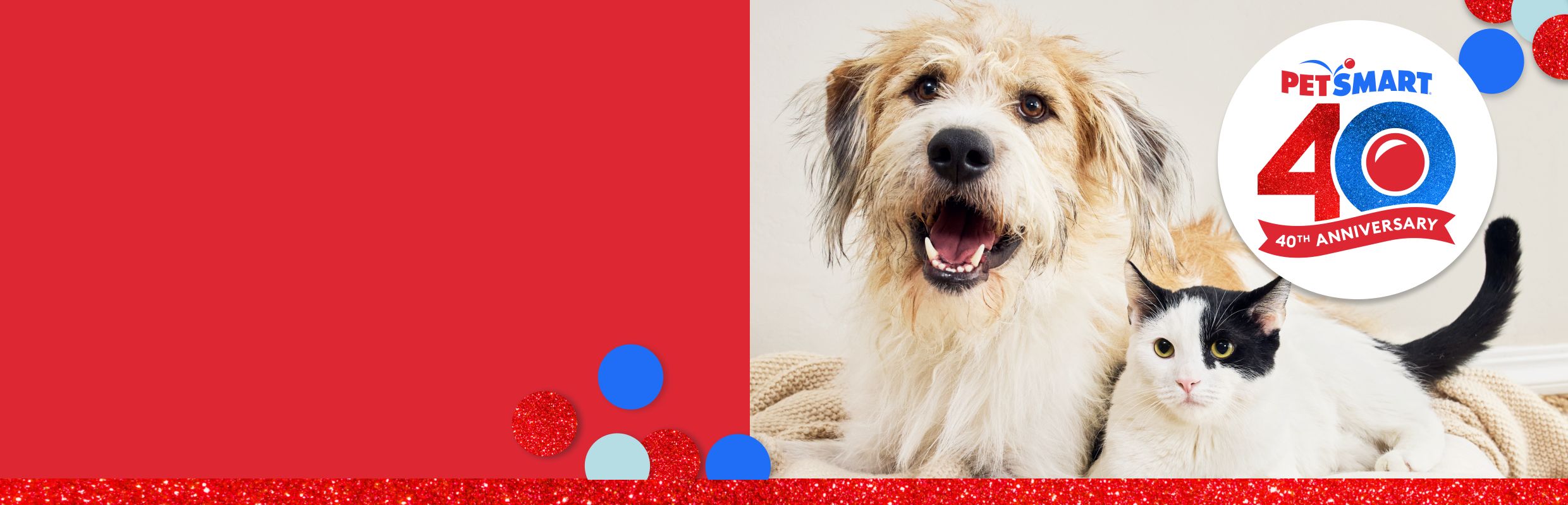 Dog and black-and-white cat lying together and a PetSmart 40th anniversary logo with red, white & blue confetti accents
