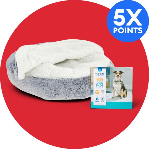 Top Paw snuggler bed, disposable dog pads and 5X points callout