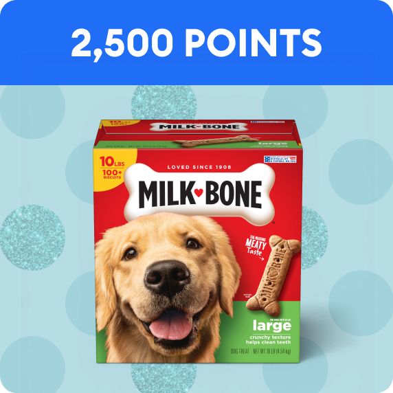 2,500 points callout and a box of Milk-Bone dog treats