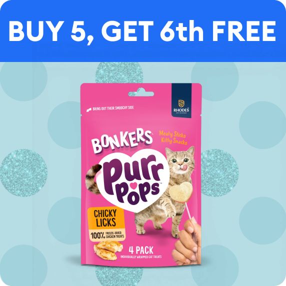 Buy 5, get the 6th free callout and Bonker's Purr Pops cat treats