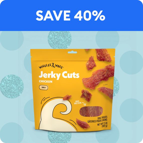 Save 40% callout and Wiggles & Wags Jerky Cuts