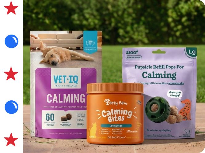 Variety of calming products next to a white stripe with red ball & blue star graphics
