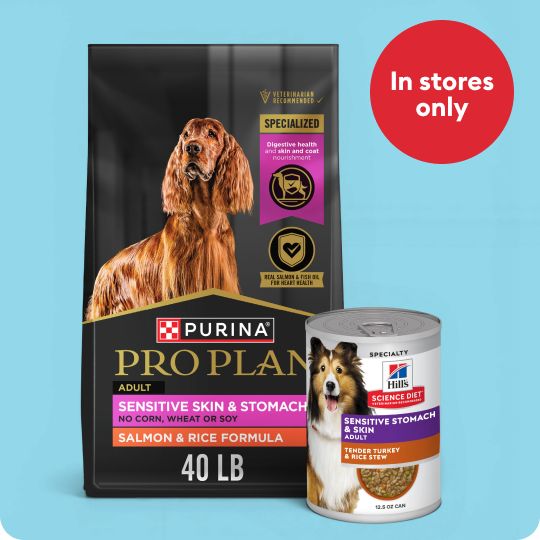 Bag of Purina Pro Plan dog food, can of Hill's Science Diet dog food & in stores only callout