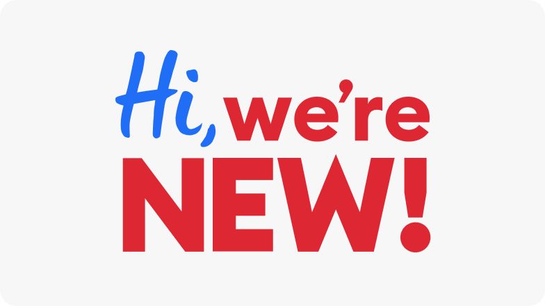 Hi, we're NEW! in blue & red type