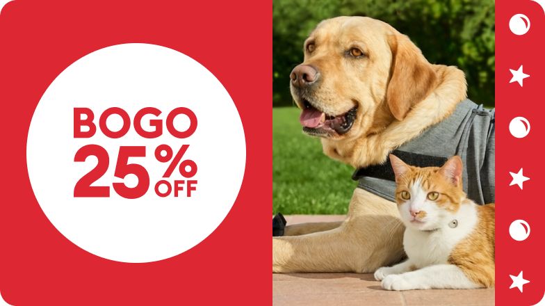 BOGO 25% OFF callout & dog and cat laying outside next to each other 