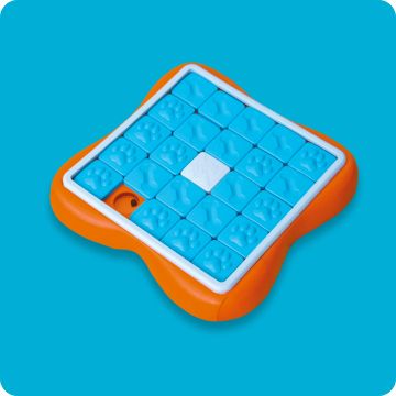 A blue and orange, find-a-treat toy.