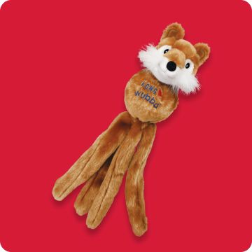 A tug toy with a fox-like head and four rope-like legs.