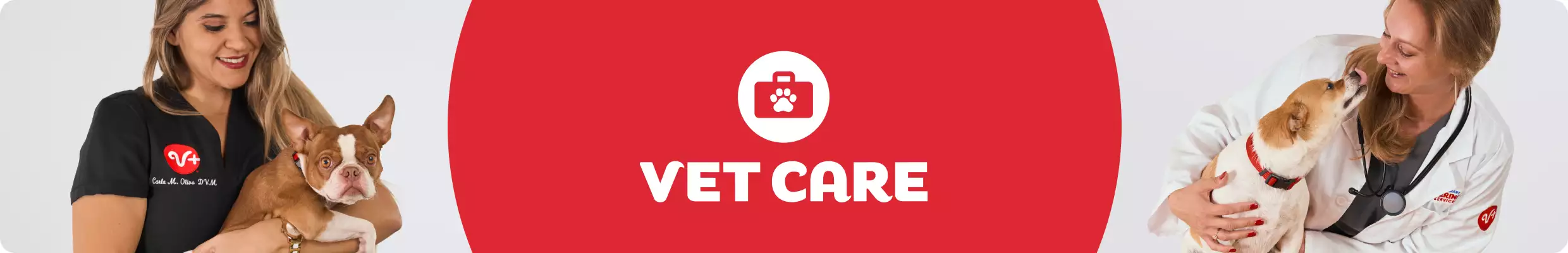 Two women with dogs and the vet care logo
