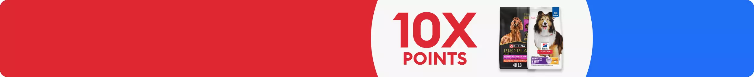 A 10X points badge and two bags of dog food