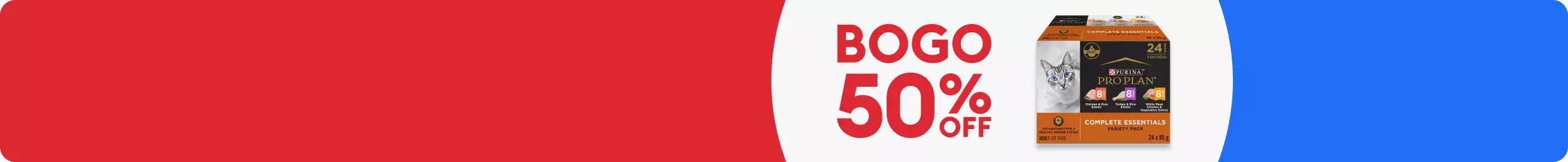 A BOGO 50% off badge and a box of cat food