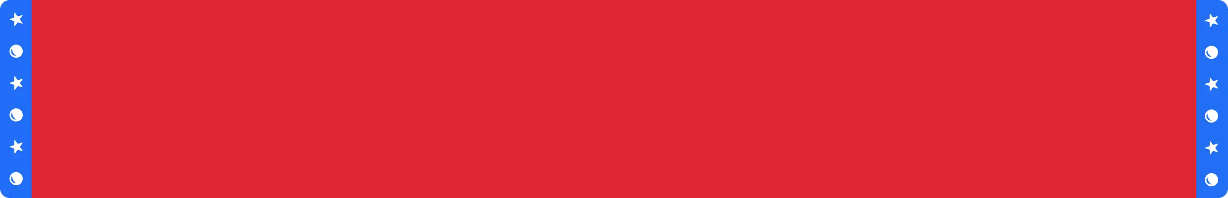 Red background and blue banners on either side with stars and tennis balls