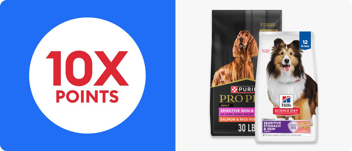 A 10X points badge and two bags of dog food