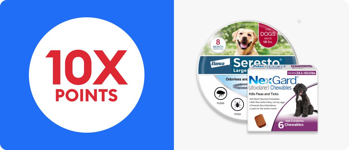 A 10X points badge and two flea and tick medications