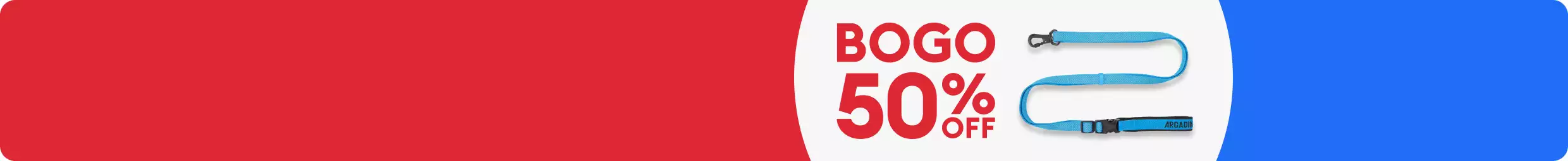 A BOGO 50% off badge and a blue leash