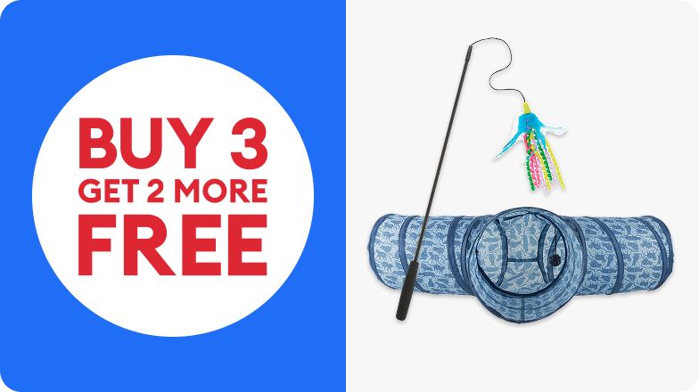 A buy 3, get 2 free badge and a cat cube that looks like a cats face with an open mouth for the window