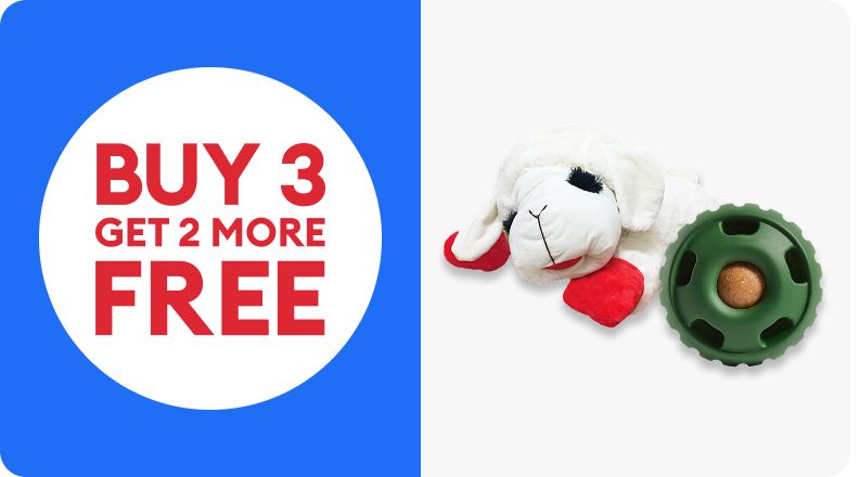 A buy 3. get 2 free badge and green chew toy with a treat in the middle and a Lamb Chop toy