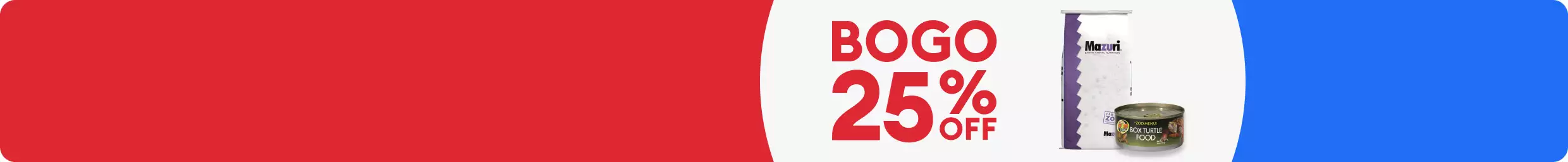 A BOGO 25% OFF badge and a reptile food can and bag