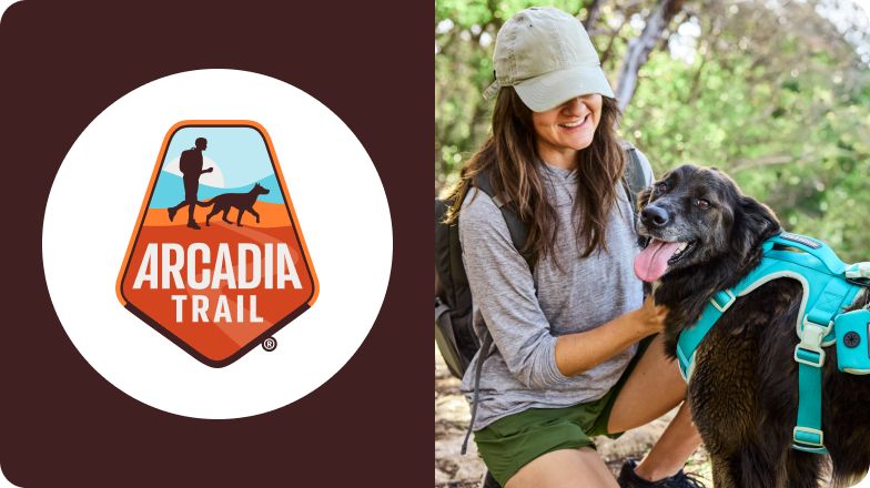 Arcadia Trail logo & a woman outside putting a harness on a black dog