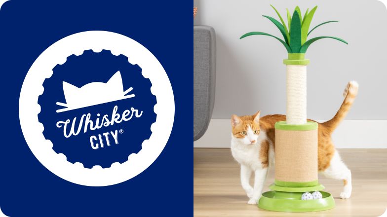 Whisker City logo & a cat rubbing against a scratcher