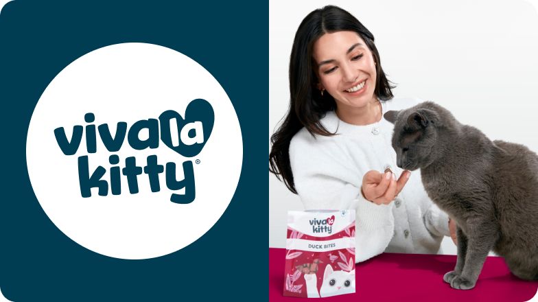 Viva La Kitty logo & a woman giving a treat to a dark gray cat