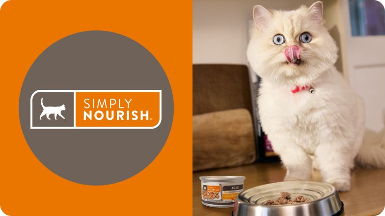 Simply Nourish logo & a white fluffy cat standing by a metal food bowl & a can of food