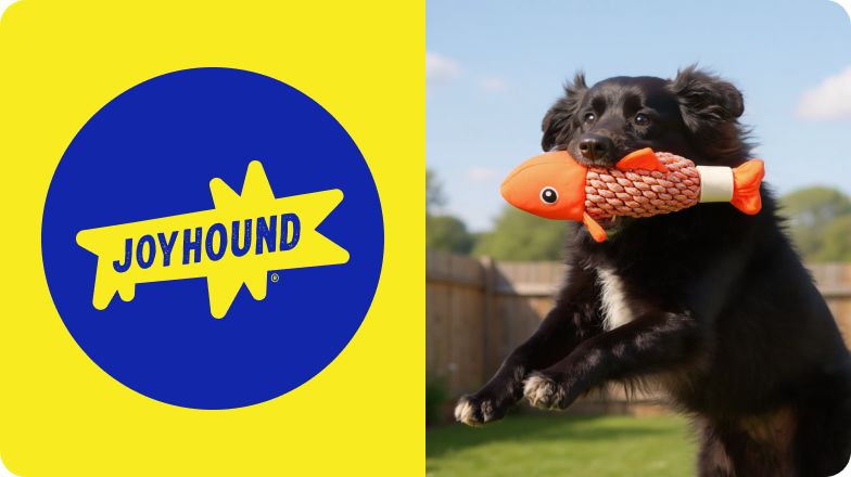 Joyhound logo & a black dog outside holding an orange toy in their mouth