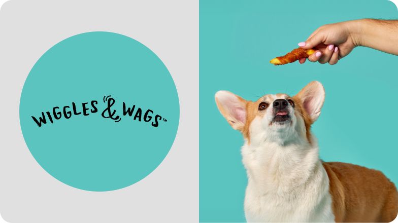 Wiggles & Wags logo and a person giving a small dog a treat