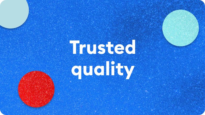 Text that reads, Trusted quality, on a blue background with red & blue dots