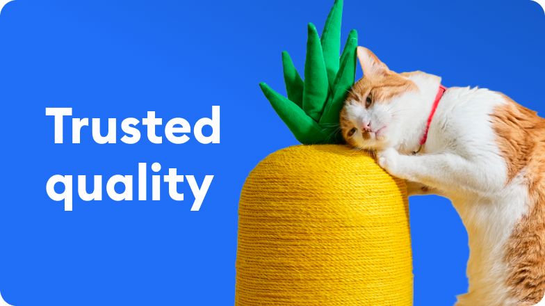 A cat rubbing their face against a pineapple-shaped scratching post and text that reads, trusted quality